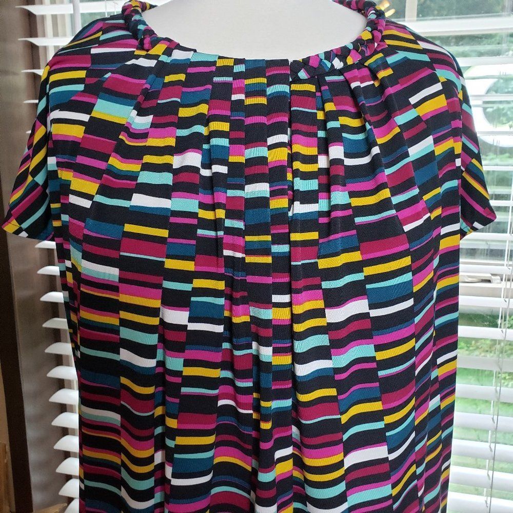 Pretty Worthington Black Multi Color Pleated Blouse XL Top Crew Neck Comfy